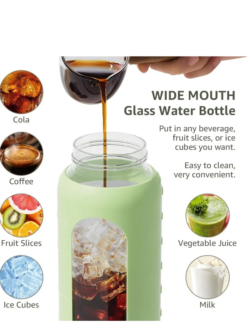 64 fl oz Wide Mouth Glass Water Bottle Green Silicone Sleeve, Flip-Top, Straw